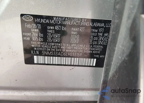 2020 Hyundai Santa Fe Sel z USA, uszkodzony, nr VIN 5NMS33AD6LH233159